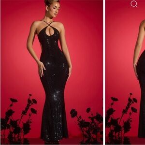 Embellished Cut-Out Halterneck Gown In Black